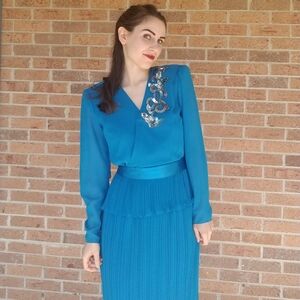 Elegant Blue 1980s Embellished Dress